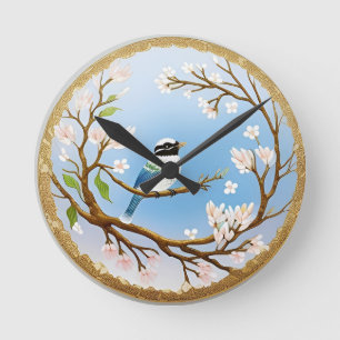 Bunter blauer Vogel auf einem blühenden Ast Runde Wanduhr