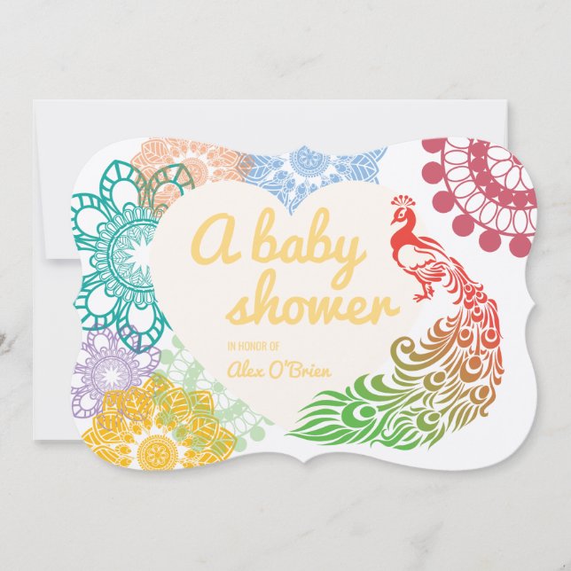 Bunter Blumenpfau, der Babydusche zeichnet Einladung (Vorderseite)