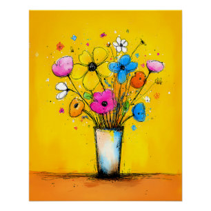 Bunter Blumenstrauß in Vase - Pop Art Cartoon Stil Poster