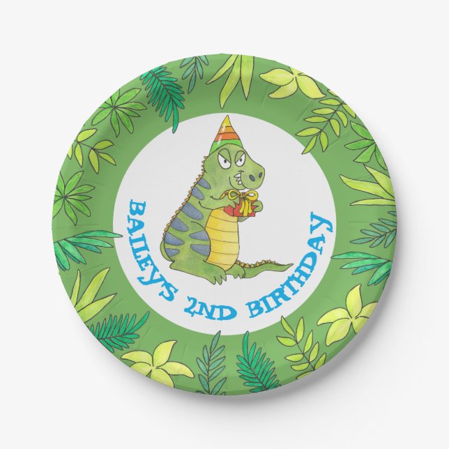 Bunter Cartoon-Dinosaur-Birthday-T-Rex Pappteller (Vorderseite)