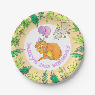 Bunter Cartoon-Dinosaur-Geburtstag-Triceratops Pappteller