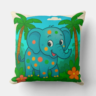 Bunter Cartoon-Elefant in tropischer Landschaft Kissen
