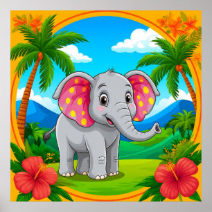 Bunter Cartoon-Elefant in tropischer Landschaft Poster
