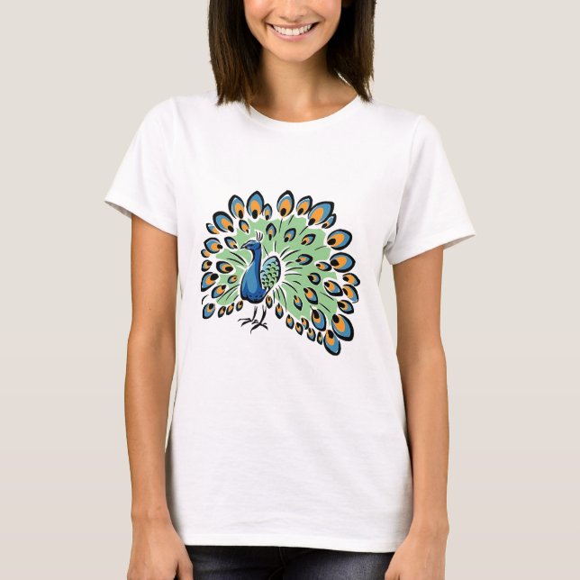 Bunter Cartoon-Pfau T-Shirt (Vorderseite)