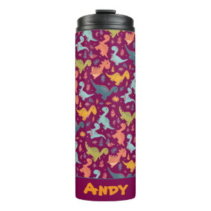 Bunter Dino-Cartoon rotes Muster Name Thermosbecher