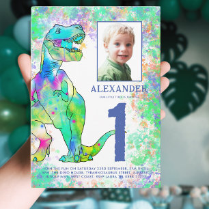 Bunter Dinosaurier 1. Geburtstagsfeier Einladungspostkarte