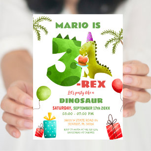 Bunter Dinosaurier Drei Rex 3. Geburtstagsfeier Einladung