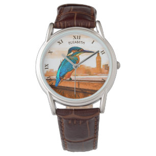 Bunter Eisvogel-Vogel mit London-Skylinen Armbanduhr