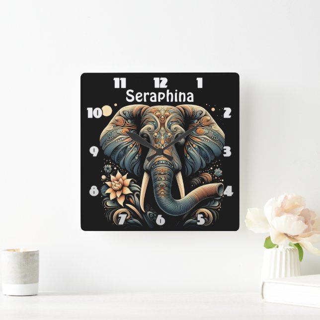 Bunter Elefant mit Blumenmotiven Quadratische Wanduhr (Zuhause)