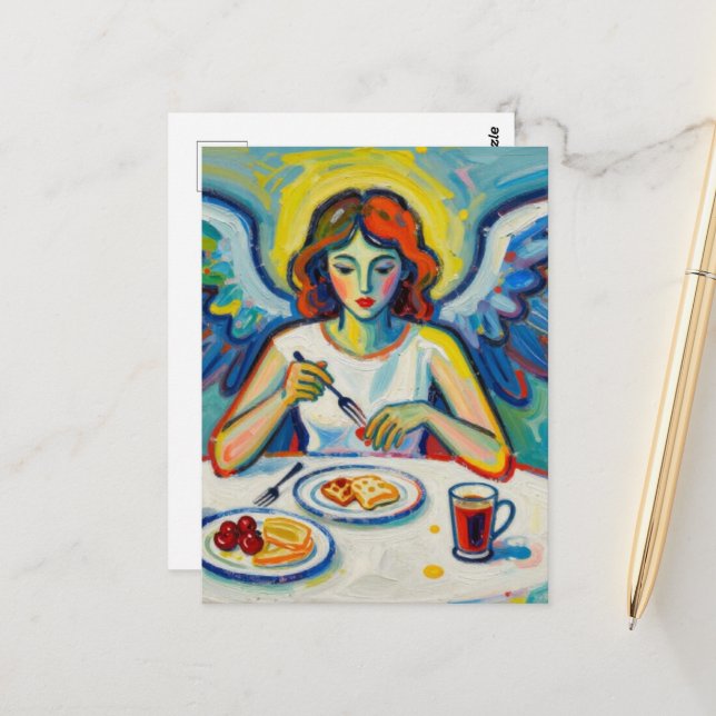 Bunter Engel beim Frühstück Postkarte (Vorderseite/Rückseite Beispiel)