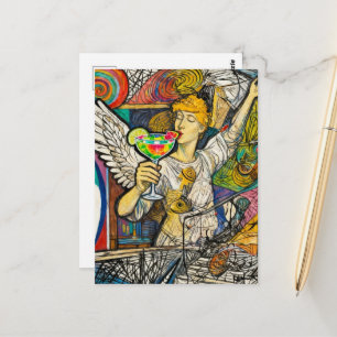 Bunter Engel genießt ein Getränk Postkarte