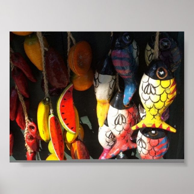 bunter Fisch und Obst auf dem Markt Poster (Vorne)