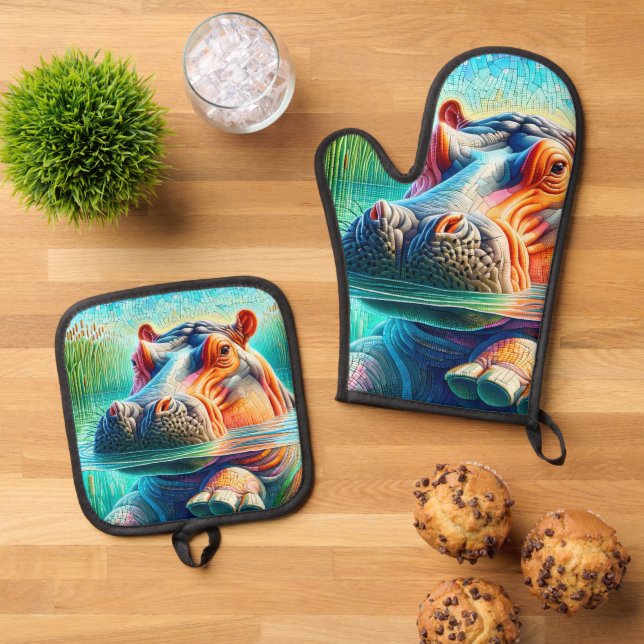 Bunter Flusspferd  Ofenhandschuh & Topflappen-Set (Oben Unten)