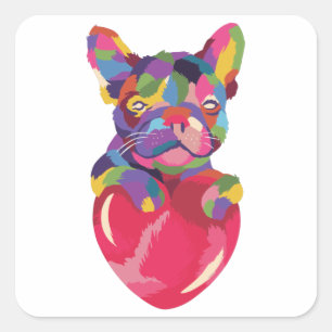 Bunter Französische Bulldogge mit rotem Herzen Quadratischer Aufkleber