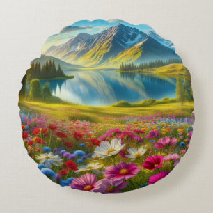 Bunter Frühlings-/Blumenbergsee Rundes Kissen