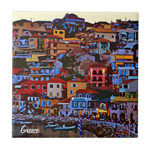 Bunter Gebäudestrand Griechenlands Fliese