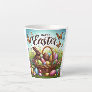 Bunter, glücklicher Osterkorb mit Eiern Milchtasse