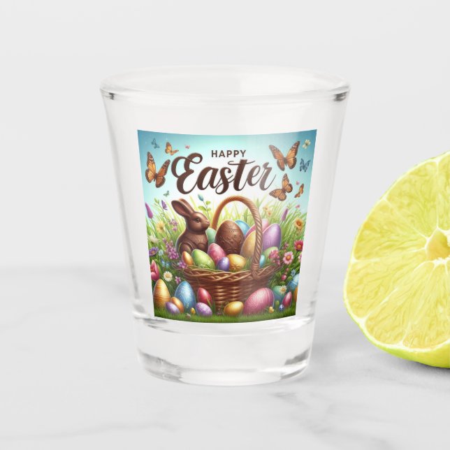 Bunter, glücklicher Osterkorb mit Eiern Schnapsglas (Vorderseite)