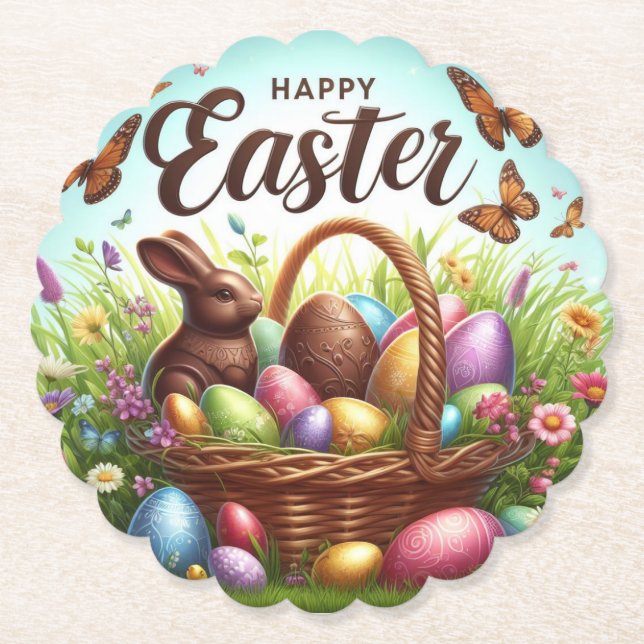 Bunter, glücklicher Osterkorb mit Eiern Untersetzer (Vorderseite)