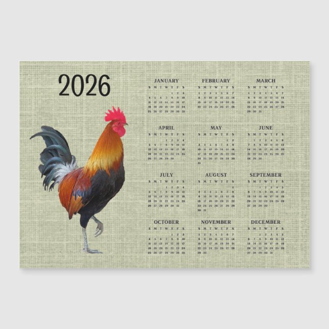 Bunter Hahn 2026 Kalender Magnetkarte (Vorderseite)