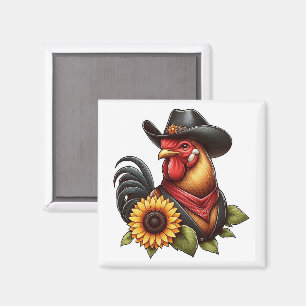 Bunter Hahn im Cowboyhut mit Sonnenblume  Magnet