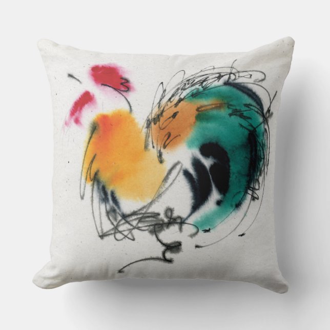 Bunter Hahn. Kalligraphie und Watercolor. Kissen (Vorderseite)