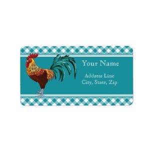 Bunter Hahn und aquamariner Gingham Adressaufkleber