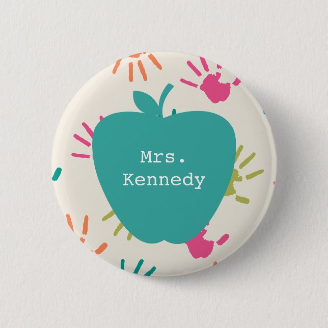 Bunter Handprints Lehrer Türkis-Apples Button (Vorderseite)