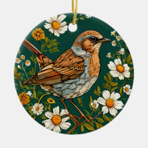 Bunter Heckenbraunelle-Vogel zwischen blühenden Bl Keramik Ornament