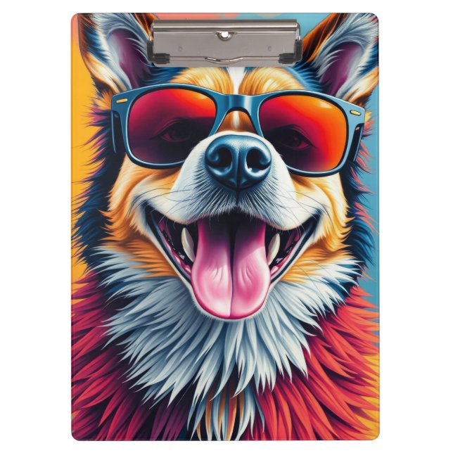Bunter Hund mit Sonnenbrille Klemmbrett (Vorderseite)