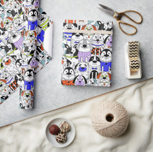Bunter Hunde-Muster mit Menschenmenge Geschenkpapier