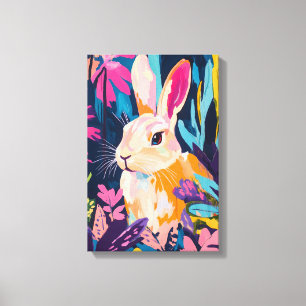 Bunter Kaninchen-Blumen-Wandkunst Whimsical Bunn Leinwanddruck