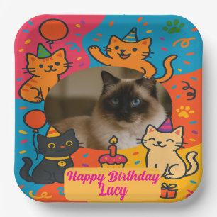 Bunter Katzengeburtstag mit individuellem Foto & N Pappteller