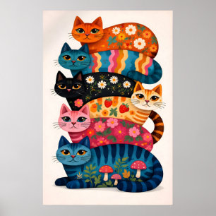 Bunter Katzenstapelposter, Whimsical Floral Tier Poster