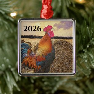 Bunter Krähender Hahn und Heuballen Ornament Aus Metall