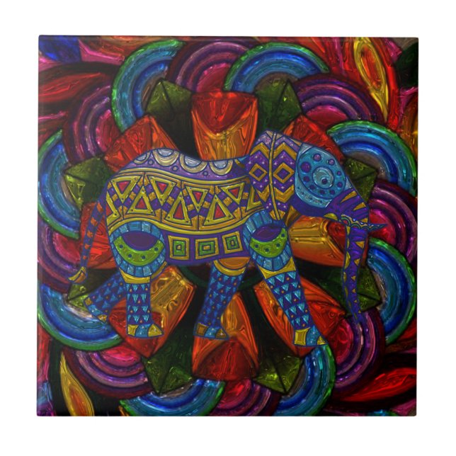 Bunter, kunstvoller Elefant und Mandala Fliese (Vorderseite)