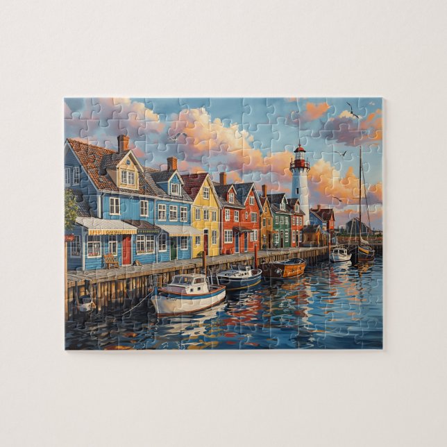 Bunter Leuchtturm-Hafenort Puzzle (Horizontal)