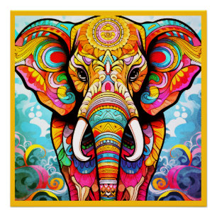 Bunter Mosaik-Elefant auf einem glänzenden Wandpos Poster