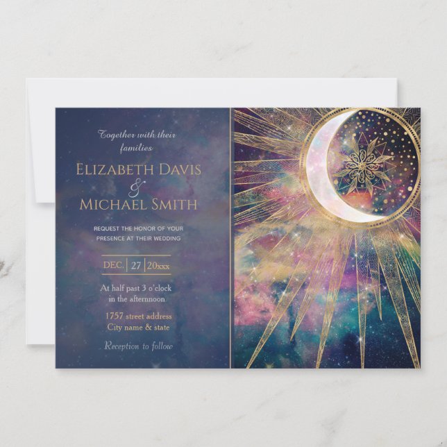 Bunter Nebel Gold Doodles Sun Moon Mandala Einladung (Vorderseite)