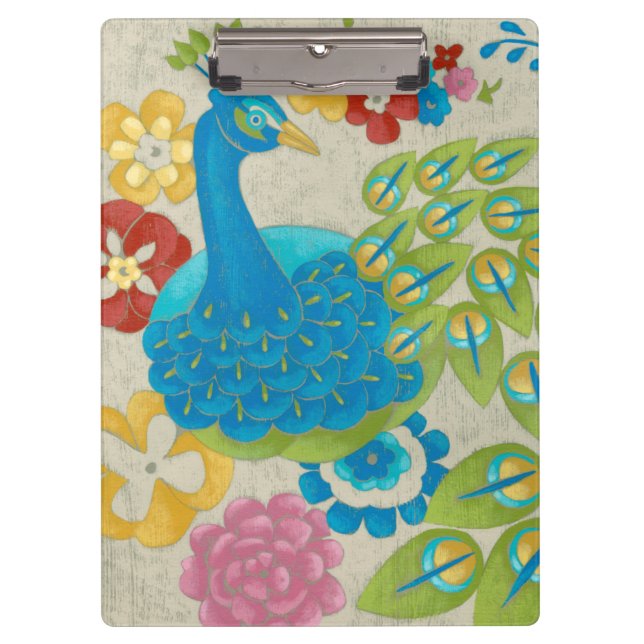 Bunter Pfau und Blumen Klemmbrett (Vorderseite)