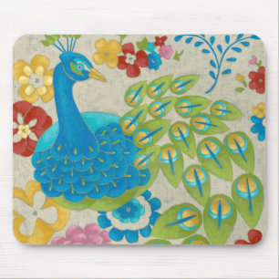 Bunter Pfau und Blumen Mousepad
