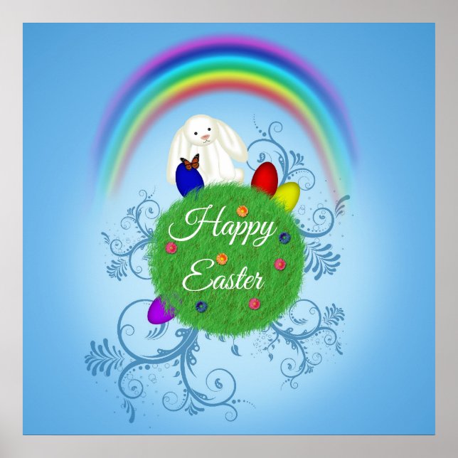 Bunter Planet & Regenbogen Süßer Hase Frohe Ostern Poster (Vorne)