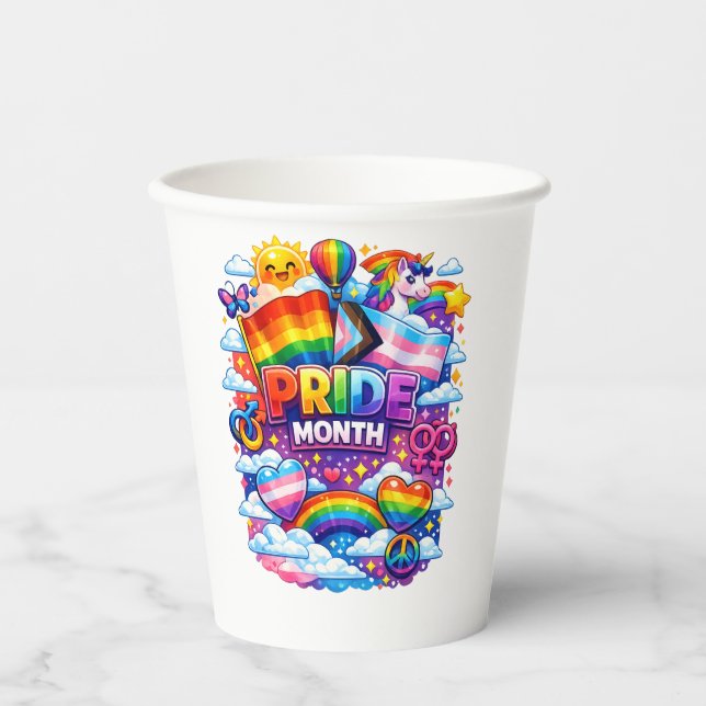 Bunter Pride-Monat Regenbogen- und Einhorn-Kunst Pappbecher (Vorderseite)