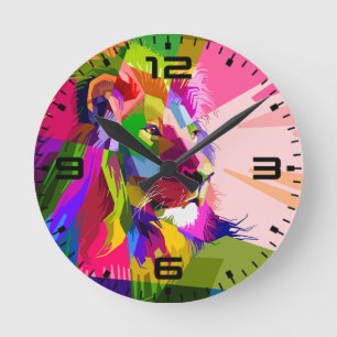 Bunter, prismatischer Pop-Art-Löwe Runde Wanduhr