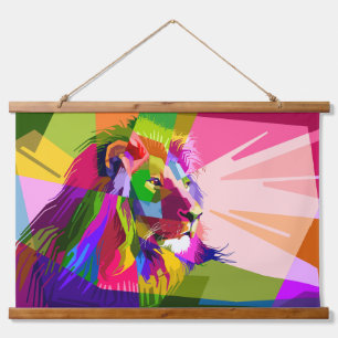 Bunter, prismatischer Pop-Art-Löwe Wandteppich Mit Holzrahmen