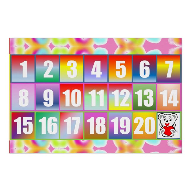 Bunter Regenbogen-Zahlenposter 1–20 mit süßem Bäre Poster (Vorderseite)