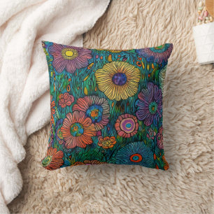Bunter Retro-Blumengarten Kissen