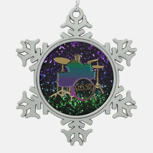 Bunter Schlagzeuger auf Glitzer-Musik-Verzierung Schneeflocken Zinn-Ornament (Vorderseite)