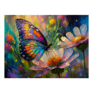 Bunter Schmetterling und Wildblumen bei Sonnenaufg Poster