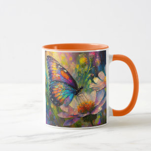 Bunter Schmetterling und Wildblumen bei Sonnenaufg Tasse